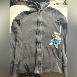 Y2K vintage black zip up hoodie with a paint stain